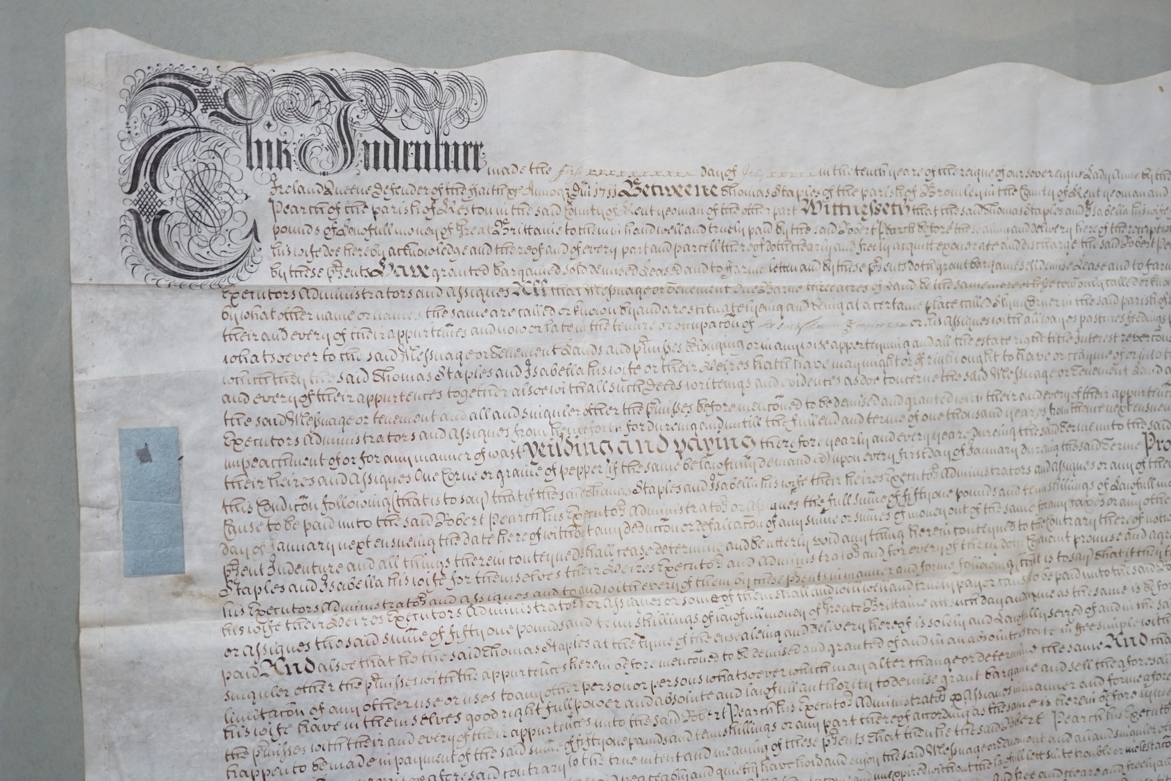 A George II parchment indenture for Thomas Staples 1733 Kent